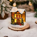 Lighted resin Christmas fire station miniature with warm LED glow and snowy roof finish - Fire Station (Style 22-B)