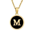 Golden 18K plated stainless steel necklace with round black shell pendant and letter M - Black Enamel Letter M