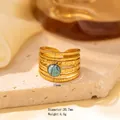 Gold titanium steel multi-layer open ring with turquoise stone inlay, 15mm width - Adjustable Open / Gold Multi-ring Textured Combination with Round Turquoise (JOM25018)