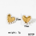 Detailed view of gold heart pearl earrings with measurements 21mm and 19mm on white background - Gold Heart Pearl Earrings (D2729) / Gold