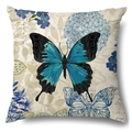 Linen pillowcase with vintage blue butterfly and floral prints on white background - 45x45cm / Blue Butterfly Flowers (15004-1)