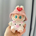 Labubu doll in white polka dot romper and pink corduroy bucket hat with heart patch - Pink Polka Dot Pig Keychain + Pink Heart Hat / First And Second Generation Keychains Are Compatible With La Cloth Dolls. Dolls Not Included.