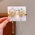 Traditional flower hair clip set with golden tassels and green bead charms for girls - Lotus Style 2 Gold Tassel