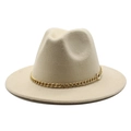 Classic cream wide brim wool fedora hat for men and women with gold chain decoration - M (56-58cm) / Beige