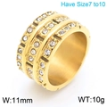 Golden industrial style wide stainless steel ring featuring three rows of zircon stones - US 7 / Industrial Gold Three-Row CZ Style (KR111172-KC)