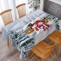 Christmas tablecloth featuring snowmen and cabin scene on a rectangular dining table - 36 / 152cm*220cm