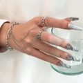 Silver punk style chain bracelet connected to two rings on hand with creative design - Silver Two-Ring Minimalist Style (S1141)