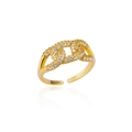 Golden chain link open ring with sparkling pavé cubic zirconia setting - Adjustable Open / Gold Interlocking Chain Pave Style (G3014414)