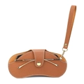 Caramel brown lychee leather glasses pouch with gold button and detachable strap - Wristlet Style / Brown