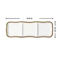 Three-compartment white ceramic rectangle tray with gold beaded edge details, 37cm length - 14.5 Inch Gold 3-Compartment Serving Dish