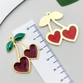 Acrylic cherry pendant with red heart crystals and golden leaves for DIY jewelry making - 1Pc Red Glitter Heart Large Cherry (33x28mm)