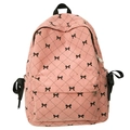 Pink corduroy backpack with black bow pattern and ribbon side pockets for women - One Size / Pink
