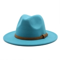 Detail of lake blue wool fedora hat featuring a brown snakeskin leather belt with metal buckle - M (56-58cm) / Lake Blue