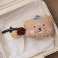 Brown plush bear hair claw with blue striped hat and fluffy pompom detail - Light Coffee Bear Twist Clip