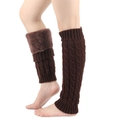 Detailed texture of brown knit leg warmers with faux fur trim for winter warmth - Plush Lined Cable Knit / Coffee