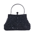 Close-up of intricate black beadwork and sequins on vintage evening handbag with metal handle - Black