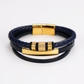 Detail eines dunkelblauen mehrlagigen geflochtenen Lederarmbands mit Goldmagnetverschluss - Marineblau Rautenmuster Golddekor (款4)