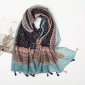 Bohemian floral cotton linen scarf with geometric patterns and colorful tassels - Extended Version / Multicolor Bohemian Style (XB145)