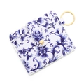 Detail of blue floral PU leather card holder with scalloped edges and gold keychain ring - A2 Blue Porcelain