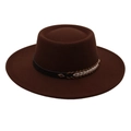 Detail of dark brown wool felt boater hat with ethnic woven leather band and metal buckle - Coffee