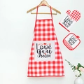 Red and white checkered apron set with Love you MOM text and matching oven mitts - Red Plaid 3-Piece Set (Love you MOM)