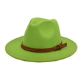 Detail view of neon green fedora hat with brown leather strap and metal rivet accents - M (56-58cm) / Fruit Green