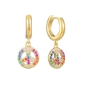 Goldene Ohrhänger mit Friedenssymbol und bunten Zirkonia-Steinen im Regenbogen-Design - Gold