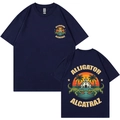 Navy blue short sleeve t-shirt with Alligator Alcatraz print in double-sided flat lay - S / Navy Blue