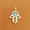 Golden Hamsa hand pendant with blue evil eye and sparkling zircons on leather - 19-Gold Blue Eye Zircon Hamsa