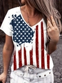 Women's V-neck T-shirt with distressed American flag print and casual white short sleeves - S / White