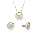Elegant gold pendant necklace and stud earrings set with white shell and zircon accents - White Round Gold