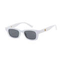 Detail of white rectangular sunglasses featuring grey lenses and gold round side accents - White Frame Gray Lens