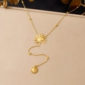 Vintage gold-plated stainless steel Y-chain necklace with celestial sun face pendants - Double Sun Pendant Ball Chain Y-Shaped Style (N4107)