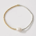 Bohemian gold and silver beaded bracelet featuring a natural white baroque pearl accent - Gold Silver Two-tone Single Pearl Bracelet (MI-B24110401A)