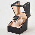 Black leather single watch winder with transparent window and beige suede interior lining - 1+0 Litchi Grain Black + Off-white Flannel