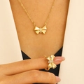 Golden bow jewelry set with crystal-inlaid necklace and ring for stylish women - Gold Rhinestone Bowknot Necklace Ring Set
