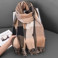 British style cashmere-feel scarf with classic brown and beige plaid and tassel fringe - Camel Black