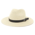 Detail of off-white straw sun hat with black leather band and silver metal buckle - Beige