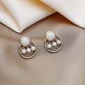 Elegant gold pearl stud earrings with circular geometric design on champagne silk - Gold Geometric Ring Pearl Style (E4087)