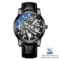 All-black skeleton automatic mechanical watch for men with black leather strap - Black Case Black Dial Black Leather Strap
