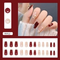 Glitter burgundy and nude pink press-on nails with gold line details in mid-length square shape - Burgundy Plaid Style (R952 With Glue)
