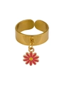 Dettaglio anello regolabile dorato con ciondolo a fiore rosso e finitura lucida - Aperto Regolabile / Rosso
