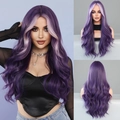 Long wavy purple wig with lavender highlights shown on model and mannequin stand - Purple Highlight Light Purple