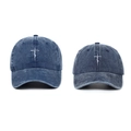 Detail of blue washed cotton baseball caps with cross-shaped faith embroidery - Navy Blue