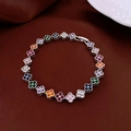 Macro view of gold plated clover bracelet with multicolor cubic zirconia on leather surface - 59# Silver Multi-Color Clover Style