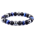 Detail of 8mm hematite and tiger eye stone beads on a flexible yoga bracelet - Blue Tiger Eye Hematite Style (Style-05)