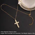 Gold titanium steel cross necklace featuring pavé-set zircons and adjustable chain - Cross No.18 Gold (A1005)