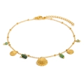 Tobillera de acero chapado en oro de 18K con colgantes de concha y cuentas verdes - Tobillera de Cadena de Cuentas con Colgante de Concha - Dorado