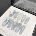Handmade dusty blue press-on nails set with 3D angel carvings and pearl accents - Small (S) / Mist Blue Long Trapezoid