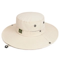 Beige wide brim sun hat with breathable mesh, chin strap and mountain logo patch - Adjustable / Beige